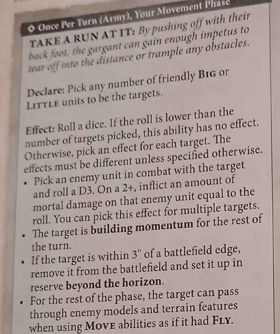 An excerpt from a game rulebook detailing an ability called 'Take a Run at It', specifying the mechanics for selecting targets, rolling dice, and effects on enemy units during a movement phase.