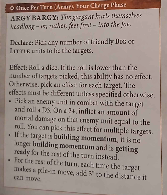 Instructional text detailing the ability 'ARGY BARGY' for a game, explaining how to declare targets and the effects of rolling a die during the charge phase.