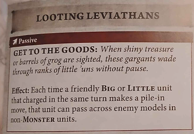 Image of a page from a game rulebook titled 'Looting Leviathans,' outlining a passive ability called 'Get to the Goods' which describes the effect of certain units moving through enemy models.