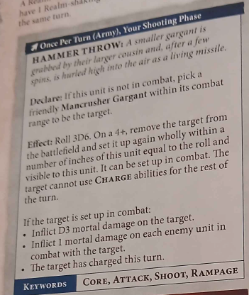 A page from a tabletop game rulebook describing the 'Hammer Throw' ability, detailing its declaration, effects, and combat implications.