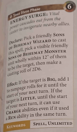 A page from a game rulebook detailing a spell called 'Energy Surge' for the Sons of Behemat faction, including casting instructions and effects based on the target's size.
