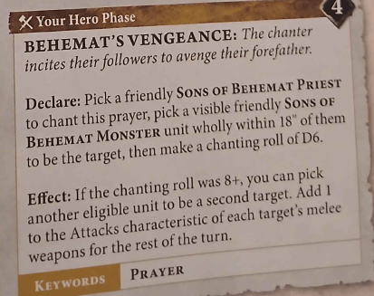 A game rule card titled 'Behemat's Vengeance', outlining the mechanics for a prayer in a tabletop game, including the declaration and effect of the prayer for a Sons of Behemat unit.