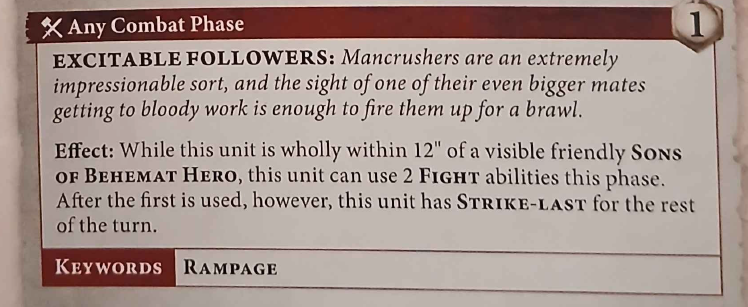 Image of a game rule description for 'Excitable Followers' from a tabletop game, detailing the abilities of Mancreshers related to the Sons of Behemat Hero.