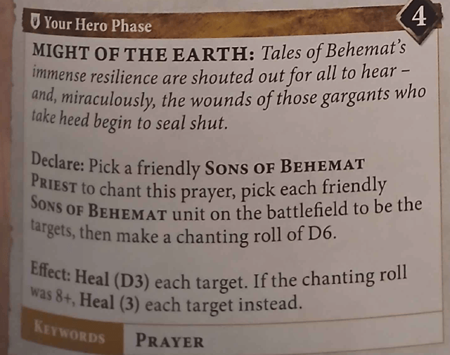A close-up of a game card titled 'Might of the Earth' from a tabletop game, detailing instructions for a prayer related to the Sons of Behemat faction, including game mechanics and effects.