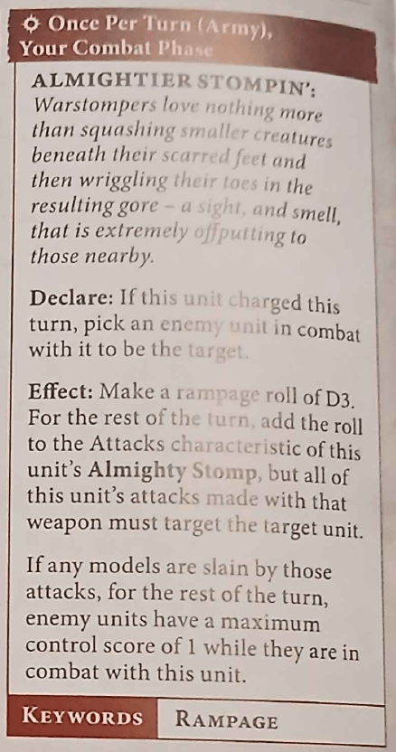 A close-up view of a gaming rules card detailing the 'Almightier Stompin'' ability for a Warstomper unit, including sections about declaring a target, effects of rampage rolls, and keywords related to gameplay.
