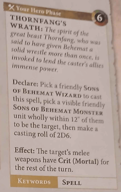 A game rules card for a spell called 'Thornfang's Wrath' referencing a fantasy game, detailing the effects and casting instructions involving the 'Sons of Behemat' faction.