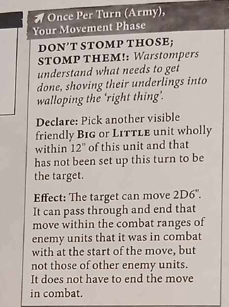 A rule explanation for a tabletop game, detailing the movement ability 'Don't Stomp Those; Stomp Them!' which allows a friendly unit to be moved during the Movement Phase.