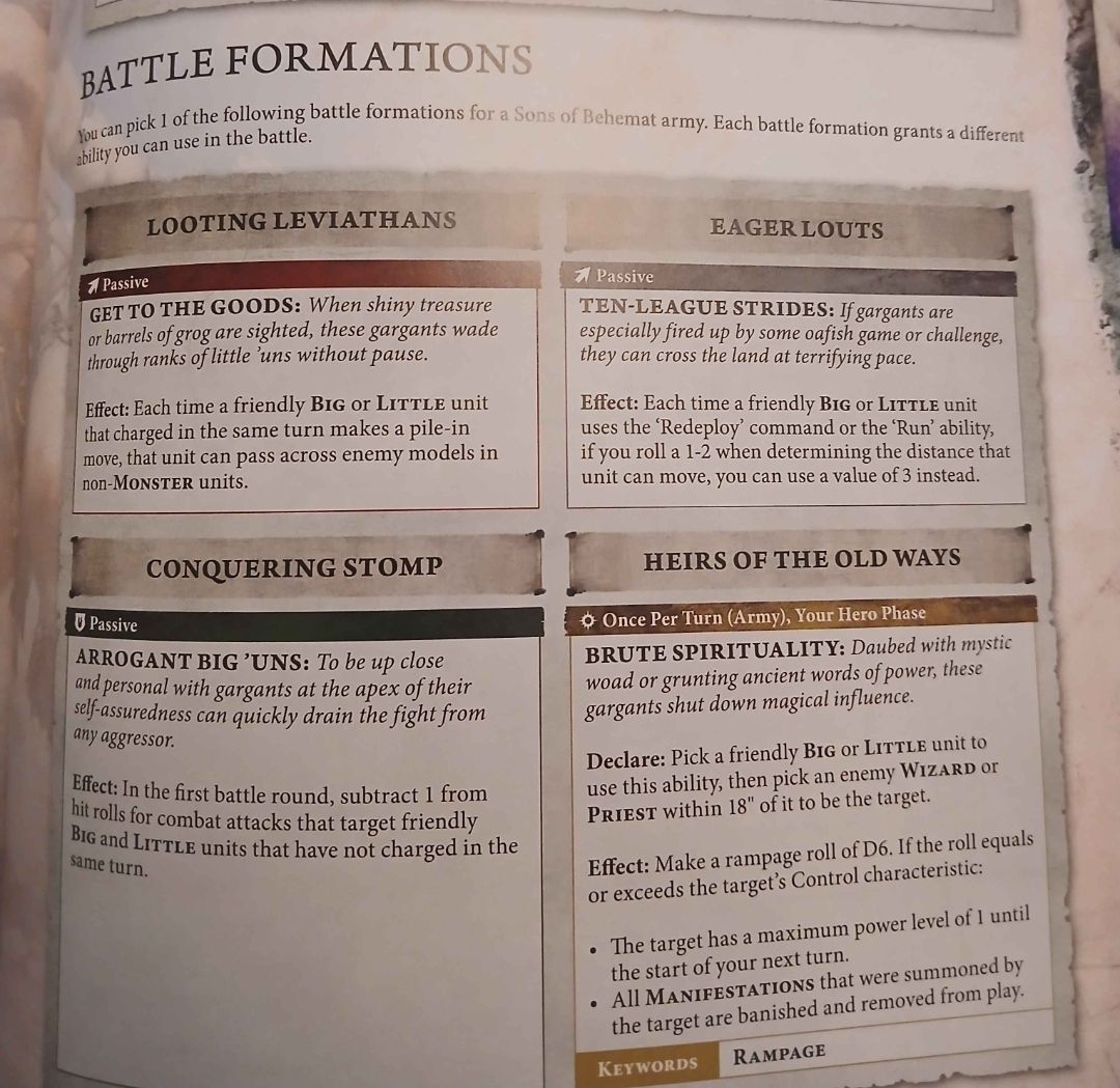 Image of a page detailing battle formations for a Sons of Behemat army in a tabletop game, featuring various abilities like 'Looting Leviathans,' 'Eager Louts,' 'Conquering Stomp,' and 'Heirs of the Old Ways,' each with specific effects for gameplay.