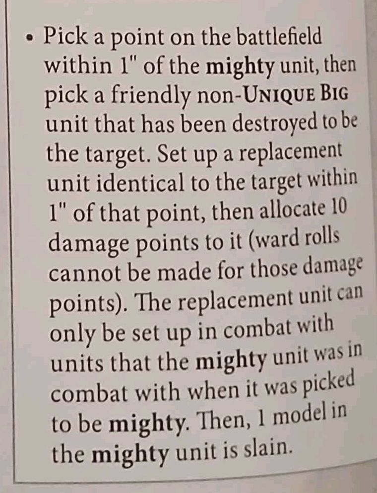 Instructions for a game mechanic involving a 'mighty' unit, detailing the setup of a replacement unit and damage allocation rules.