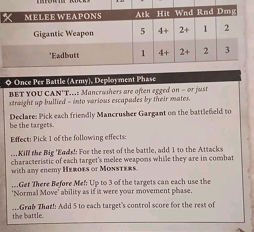 A page from a tabletop game rulebook detailing melee weapons statistics and deployment phase effects for the Mancrusher Gargant, including attack values and special abilities.