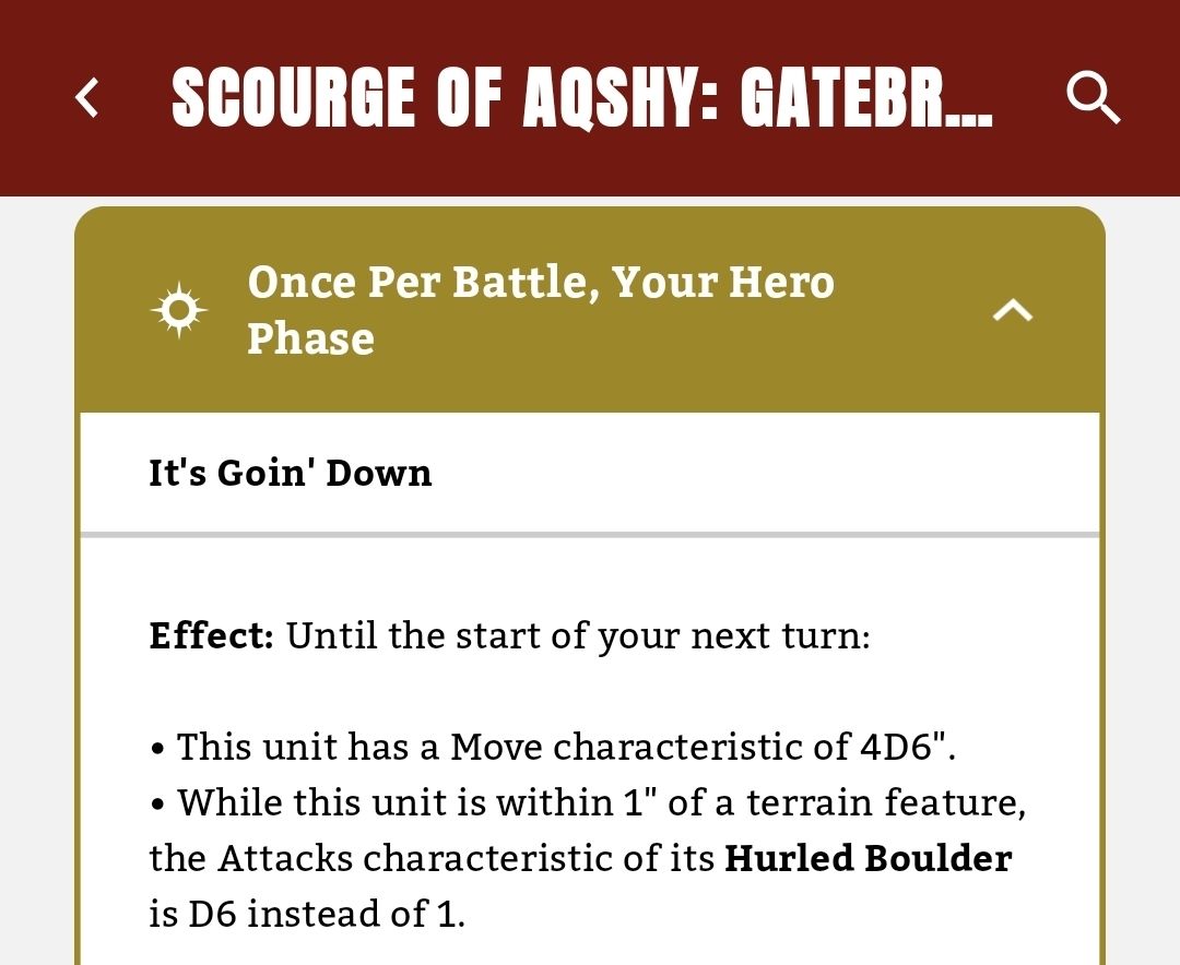 Text description of a rule or effect from a game titled 'Scourge of Aqshy: Gatebr...' detailing movement and attack characteristics for a unit.