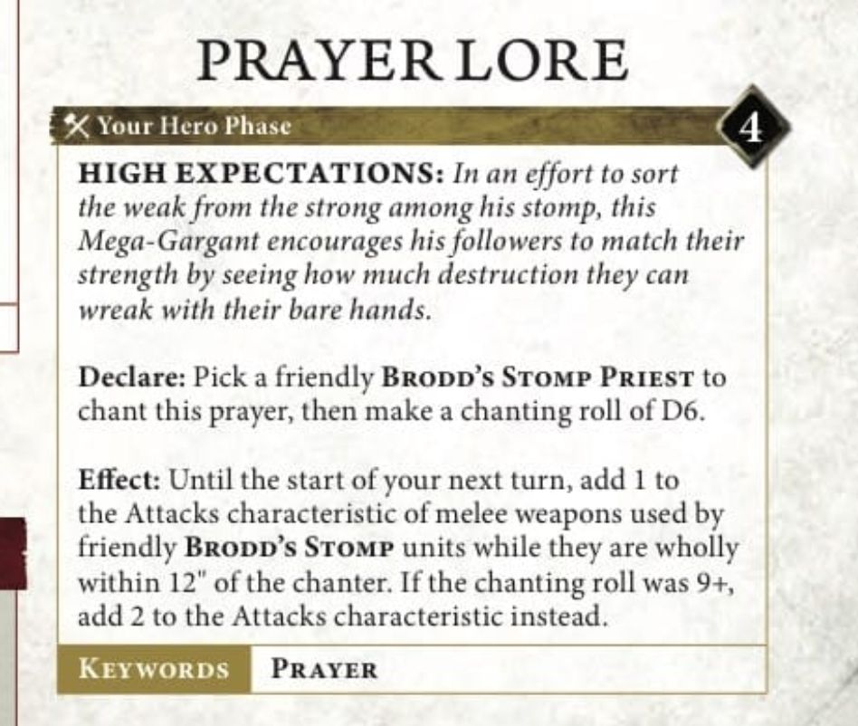 Illustration of a prayer lore card titled 'High Expectations' for a tabletop game, detailing effects related to a character named Brodd's Stomp Priest, including a chant roll and attack modifications.