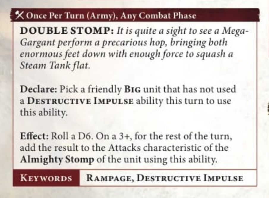 An instructional text detailing the 'Double Stomp' ability for a Mega-Gargant unit, describing its effects, usage, and required conditions within a tabletop gaming context.