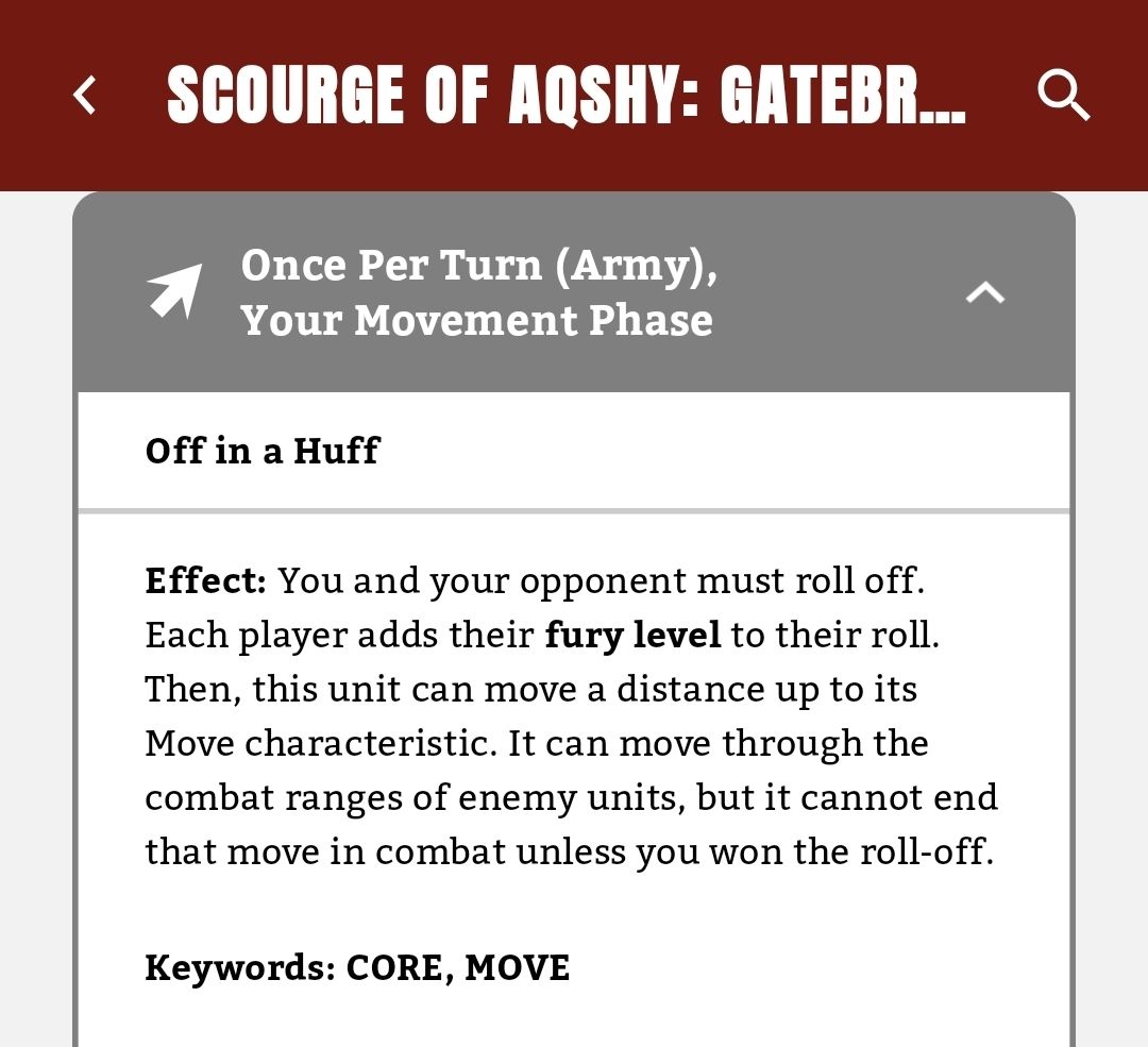A screenshot of a game rules section titled 'Off in a Huff' from Scourge of Aqshy, detailing player movement mechanics and effects during the game.