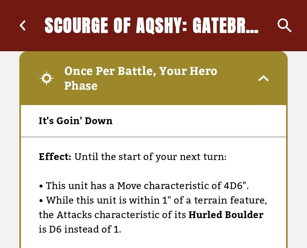 Screenshot of a game rules section titled 'It's Goin' Down' detailing a battle effect for a unit. It includes Move characteristics and attack details regarding terrain features.